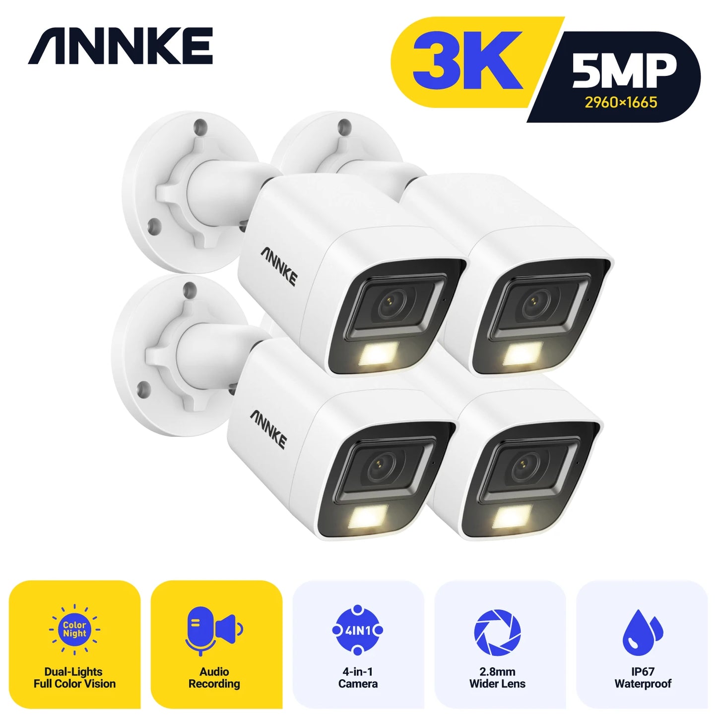 ANNKE 4 Pack 5MP CCTV Cameras IP67 Outdoor Dome Kit