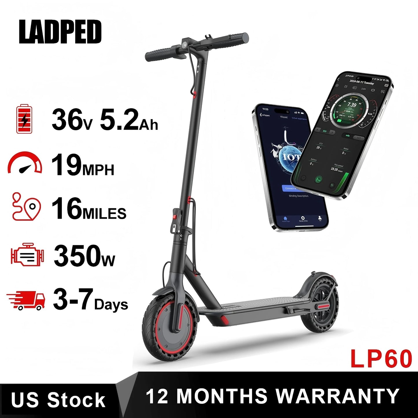 Ladped LP60 Electric Scooter 350W 19mph Foldable With App