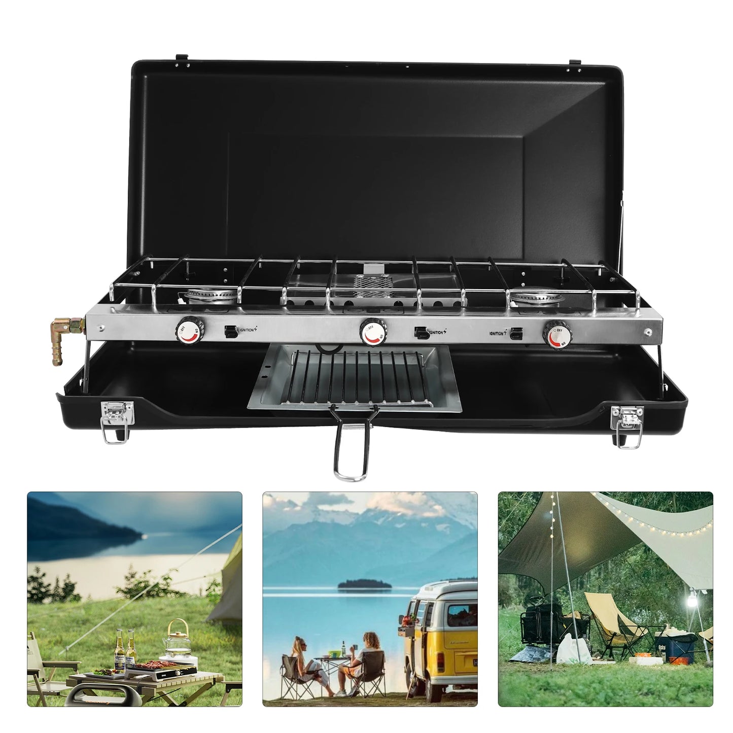 Portable 3 Burner Propane Camping Stove With Piezo Ignition