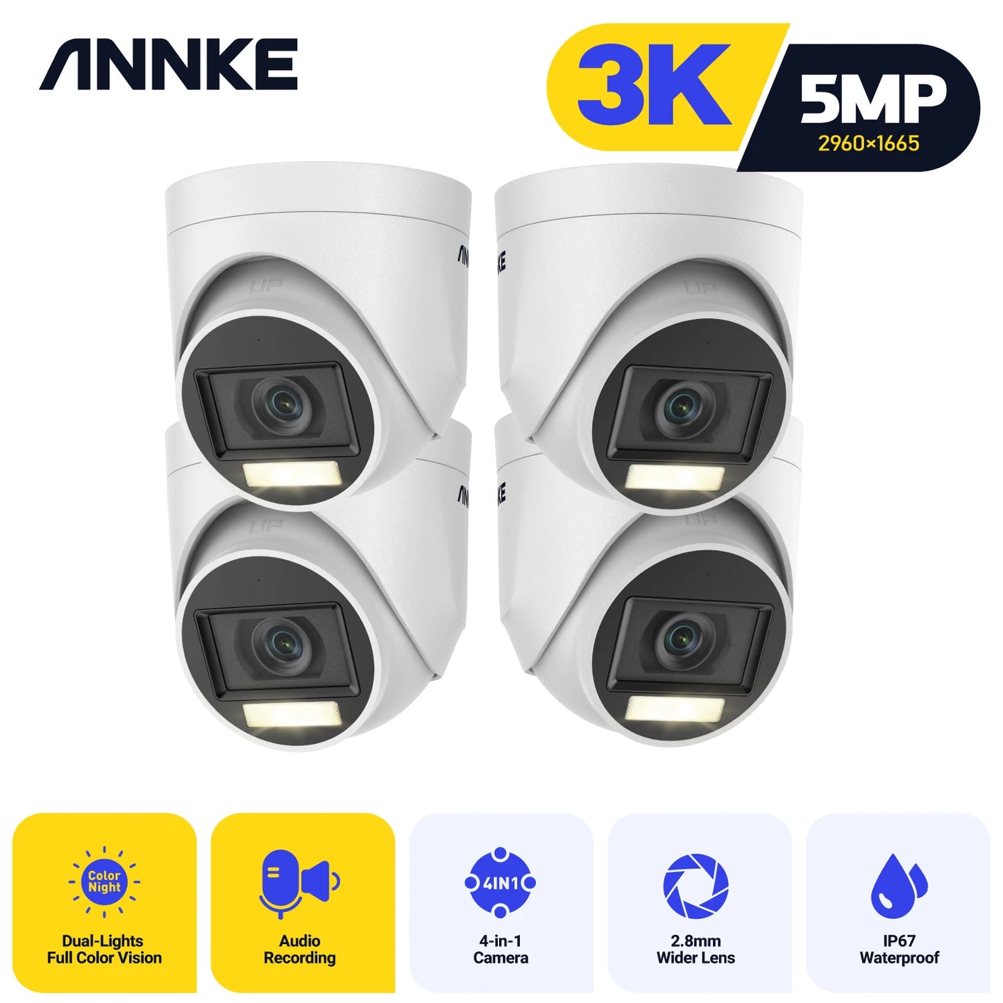 ANNKE 4 Pack 5MP CCTV Cameras IP67 Outdoor Dome Kit