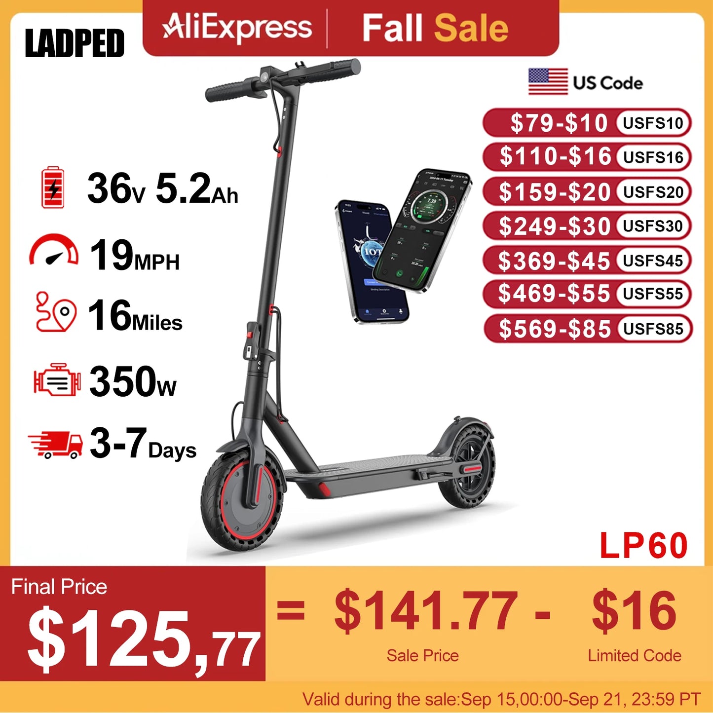 Ladped LP60 Electric Scooter 350W Foldable 19 MPH 16mi Range