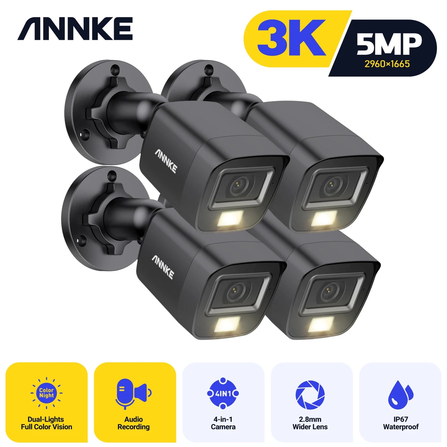 ANNKE 4 Pack 5MP CCTV Cameras IP67 Outdoor Dome Kit
