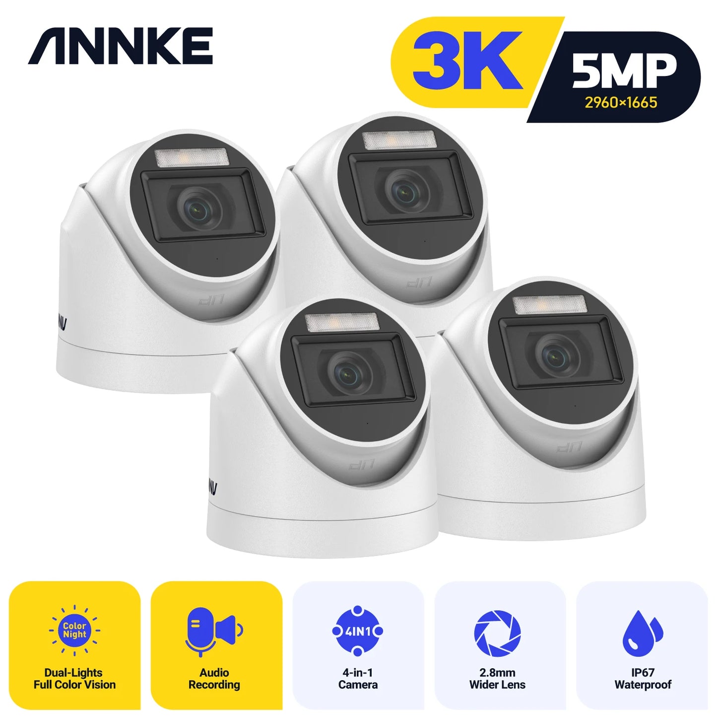 ANNKE 4 Pack 5MP CCTV Cameras IP67 Outdoor Dome Kit
